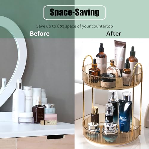 Rotating Makeup Organizer Countertop 2 Tier Lazy Susan Trays Clear Skincare Perfume Storage for Bathroom Counter Vanity, Amber Gold