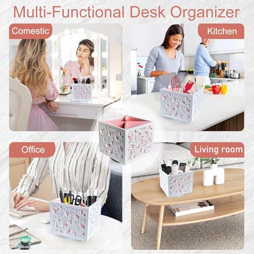 360 Rotating Makeup Brush Holder with Butterfly Cutout, Wooden Makeup Organizer for Vanity - 4 Compartment Spinning Desk Organizer for Pens, Lipsticks, Eyebrow Pencils