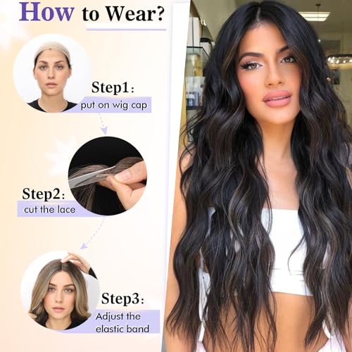 SCENTW Glueless Wigs Black Wig for Women Hand-Tied Lace Synthetic Lace Front Wig Long Wavy with Natural Hairline Middle Part Synthetic wig for Daily Party Beginners