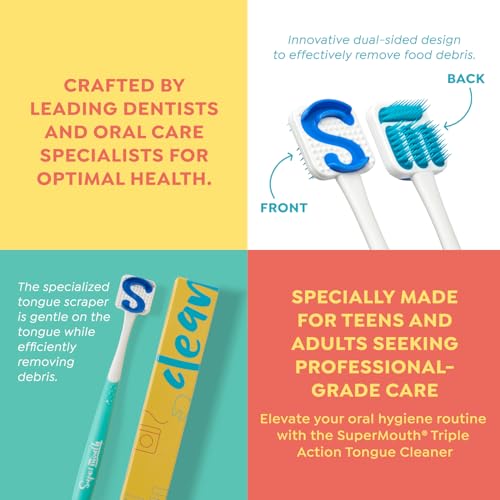 SuperMouth¢ç Tongue Scraper for Adults & Teens ? Patented Triple Action Cleaner Brush, Scrubber & Scraper Removes Odor-Causing Buildup, Fights Bad Breath, Freshens Mouth, Soft & Gentle Oral Care