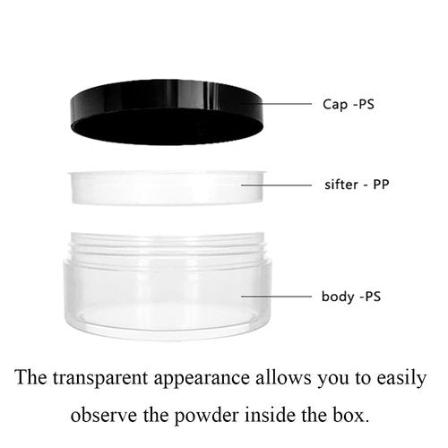 HAHIYO 3Pcs 20ml/0.68oz Plastic Empty Travel Compact Case Makeup Cosmetic Jar Refillable Powder Box No Leak Holder with Rotatable Sifter and Black Screw Lid