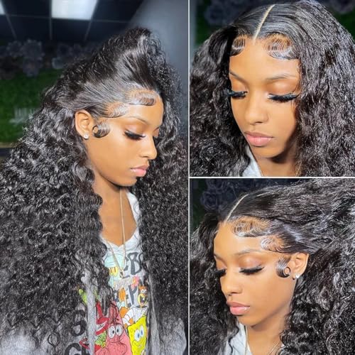 WINOW Deep Wave Lace Front Wigs Human Hair Pre Plucked 180% Density HD Transparent 13x4 Lace Frontal Wigs For Women Human Hair Lace Front Wigs Deep Curly Lace Front Wig (34 INCH)