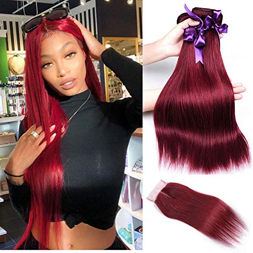99J Burgundy Hair Bundles With Closure Human Hair, 10A Wine Red Straight Human Hair Bundles With 4x4 Lace Closure Brazilian Virgin Remy Hair Extensions (20 22 24+18)