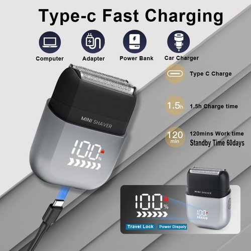 Electric Mini Foil Shaver for Men,Mini Razor with LED Display,IPX7 Waterproof Compact Face Shave for Travel,3-Blade Folating Head Close & Precision Shave,Wet/Dry Use, USB C Charge