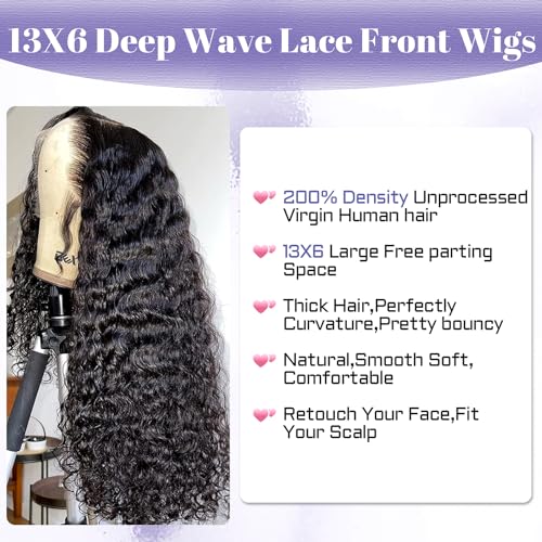 Sathen Full 13x6 Deep Wave Lace Front Wigs Human Hair 24 Inch 200% Density Deep Wave Lace Frontal Wigs 13x6 Full Lace Frontal Wig HD Transparent Deep Wave Wig Pre Plucked with Baby Hair
