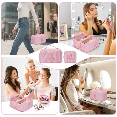 Travel Makeup Bag for Women, 2Pcs Portable Personalized Initial Makeup Organizer Bag, Open Flat Large Cosmetic Bag With Travel Essential Pouch (Pink Letter R)