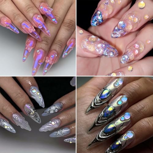 3D Aurora Bubble Beads Nail Art Charms, Mixed Sizes Iridescent Shiny Dewdrop Water Droplets Resin Flatback Rhinestones for Nail Crystals Design Nail Art Jewels Accessories DIY Nail Supply