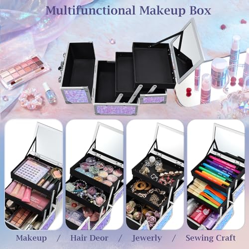 Costravio Makeup Box Organizer with Mirror, Makeup Case Train Case for Girls Women Kids Make up Box Makeup Case Organizer with Lock and Key Storage Vanity for Polishes Cosmetic Jewelry, Shiny Purple