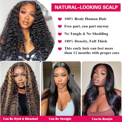 28 Inch 13x6 Deep Wave Lace Front Wigs Human Hair 180% Density HD Lace Front Wigs Human Hair Pre Plucked Natural Color Glueless Wig 100% Virgin Lace Front Wigs for Women
