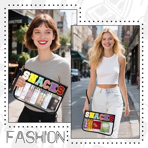Snack Bag for Travel & Makeup - Clear Chenille Letter Zipper Pouch, Waterproof Cosmetic Tote Bag for Women & Girls (Black)