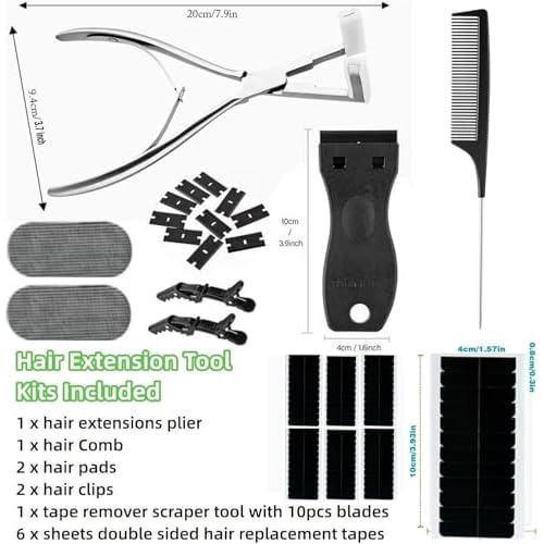 Tape in Hair Extension Tools Kit, Professional Flat Surface Stainless Steel Tape in Hair Extensions Sealing Clamp Plier,Tape Remover Scraper Tool,Hair Clips, Hair Extensions Styling Tools(Silvery Set)