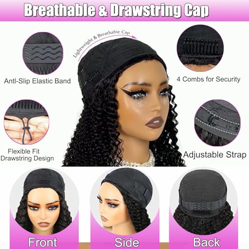 22 Inch Half Wig Human Hair 200% Density Wear Go Glueless Water Wave Half Wigs 3 In 1 Seamless Flip Over Curly Wig Adjustable Drawstring Beginner Friendly Headband Wig for Women