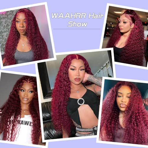 30 Inch 99j Burgundy Deep Wave Lace Front Wigs Human Hair 99j 13x6 HD Lace Front Wigs Human Hair 200 Density Glueless Deep Wave Wig Pre Plucked Red Colored Curly Wig for Women