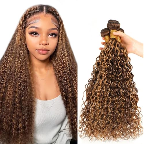 P427 Highlight Blonde Bundles Human Hair Brown Water Wave 3 Bundles 30 30 30 Inch Unprocessed Brazilian Virgin Remy Honey Blonde Water Wave Bundle Human Hair Extensions