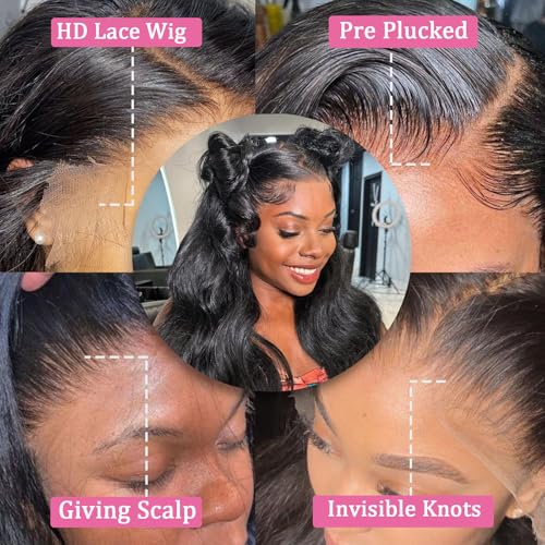 30 Inch 13x6 Lace Front Wigs Human Hair 180 Density Body Wave HD Lace Frontal Wigs Pre Plucked with Baby Hair Glueless Wig for Women