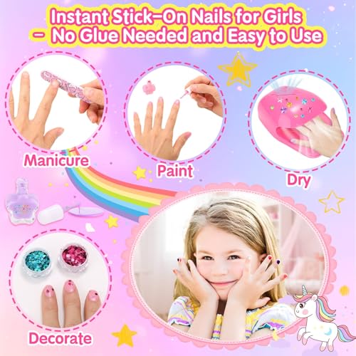 Kids Nail Polish with Press on Nails Set for Girls, Non-Toxic Nail Art Kit with Portable Dryer and Unicorn Case, Cute Stuff Gift Toys for Girls Age 8 -12