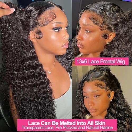 13x6 Deep Wave Lace Front Wigs Human Hair 200% Density HD Lace Frontal Wigs 12A Glueless Curly Wigs Human Hair Pre Plucked with Baby Hair Wet And Wavy Wigs for Black Women Natural Black 30 inch