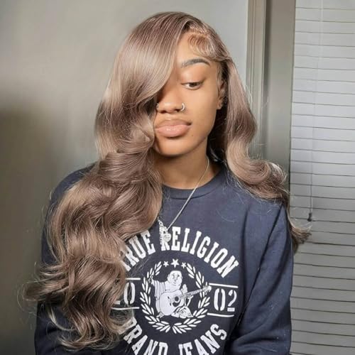 Mocha Brown Blonde 13¡¿4 HD Lace Front Wig Human Hair 180% Density Body Wave Ash Lace Wig Pre Plucked Real Ultra Full Brazilian Virgin Hair Milk Tea Colored Wig for Women 26Inch