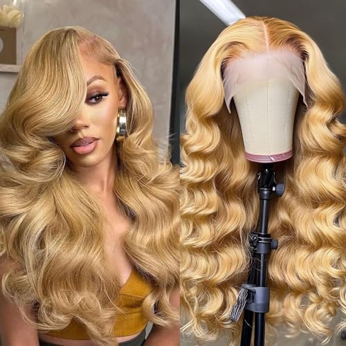 26 Inch Honey Blonde Wig Human Hair 200% Density Body Wave Lace Closure Wigs Human Hair Pre Plucked Glueless 5x5 HD Transparent Lace Closure Wigs Human Hair for Women