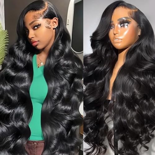 32 Inch Body Wave Lace Front Wigs Human Hair Pre Plucked 200 Density 13x6 HD Lace Frontal Wigs Invisilbe Hairline Real Virgin Human Hair Wig Natural Black 3X Longer Lifespan