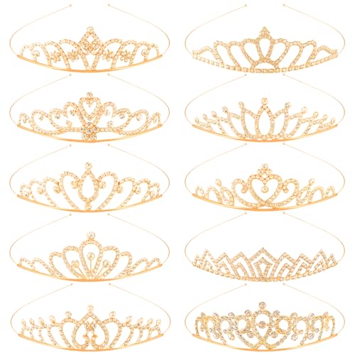 TOBATOBA 10Pcs Gold Tiaras for Women Girls Sparkling Rhinestone Princess Tiara Headband Rapunzel Crowns for Women Tiaras Set Small Tiara Bulk for Birthday Party Wedding School Classroom Costumes Proms