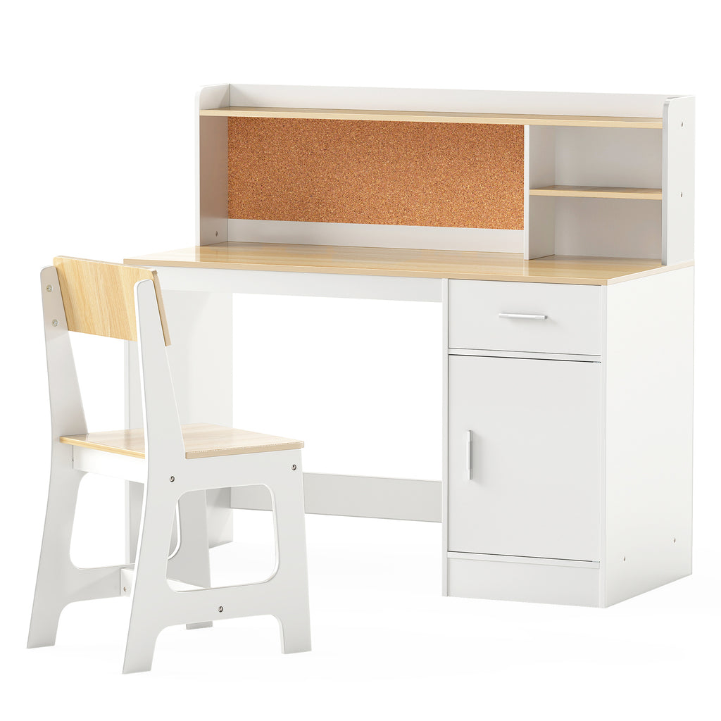 Activity Kids Table and Chair Set - Natural Kids Study Desk & Chair with Shelves & Bulletin Board