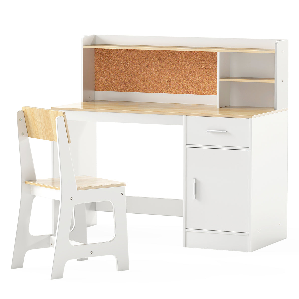 Activity Kids Table and Chair Set - Natural Kids Study Desk & Chair with Shelves & Bulletin Board