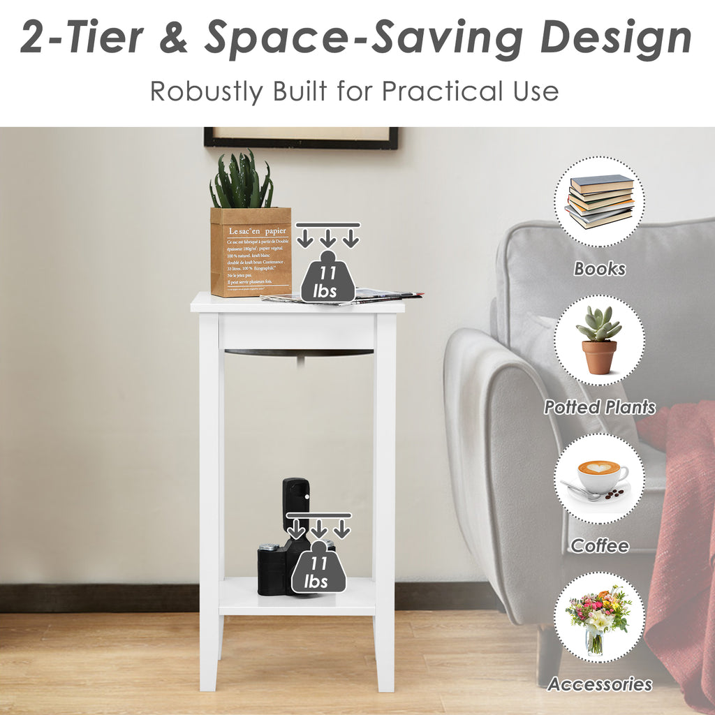 2-Tier End Table with Storage Shelf, Set of 2, White