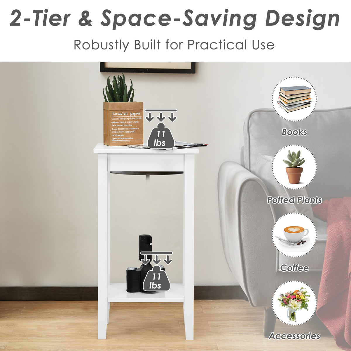 2-Tier End Table with Storage Shelf, Set of 2, White