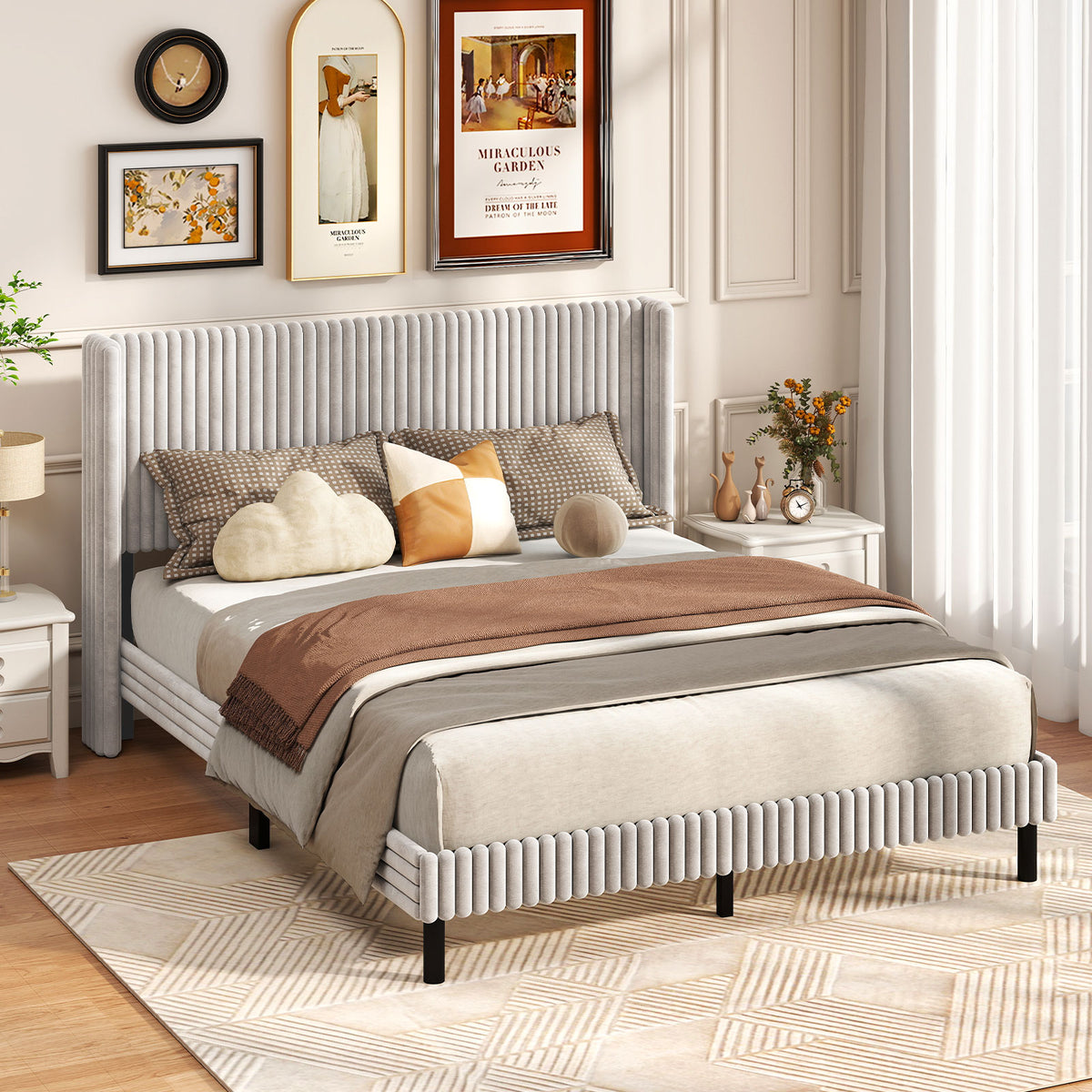 Queen Size Velvet Bed Frame with Wingback Headboard - White