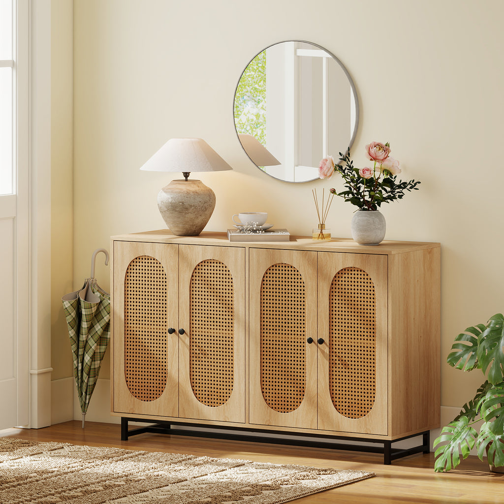 50-Inch Buffet Sideboard Cabinet with 4 Rattan Doors, Natural