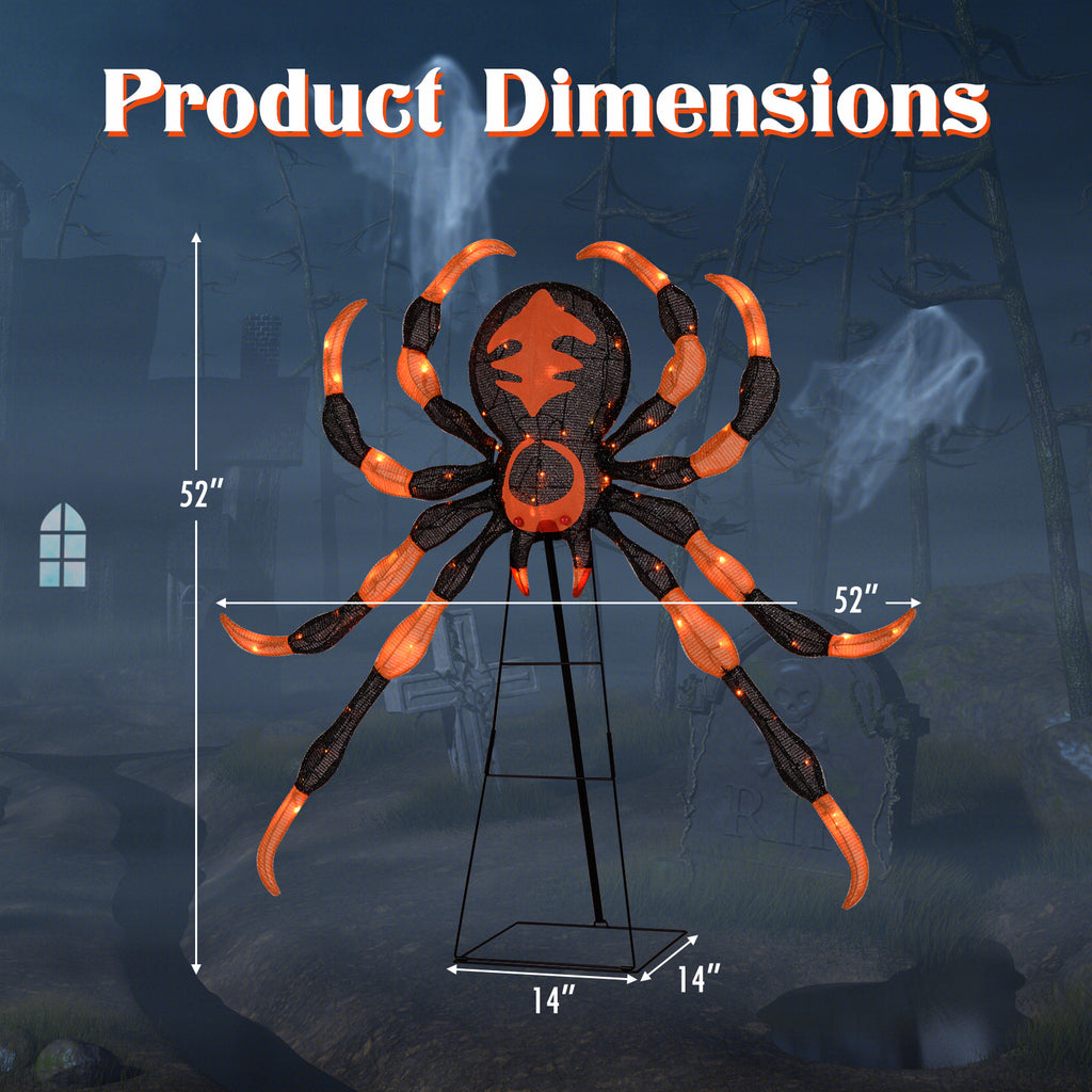 52 Inch Halloween Spider Decoration with 16 Flickering Warm White LEDs - Weather-Resistant Outdoor Decor