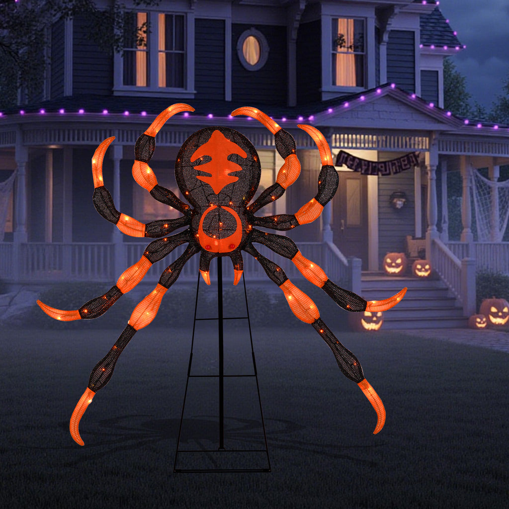 52 Inch Halloween Spider Decoration with 16 Flickering Warm White LEDs - Weather-Resistant Outdoor Decor