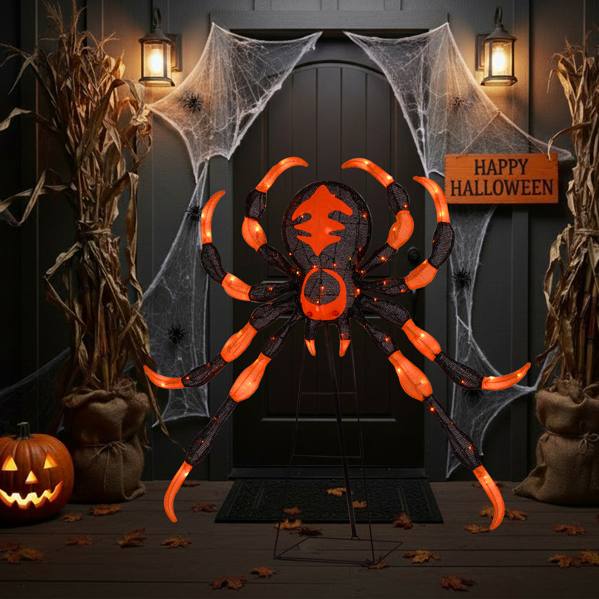 52 Inch Halloween Spider Decoration with 16 Flickering Warm White LEDs - Weather-Resistant Outdoor Decor
