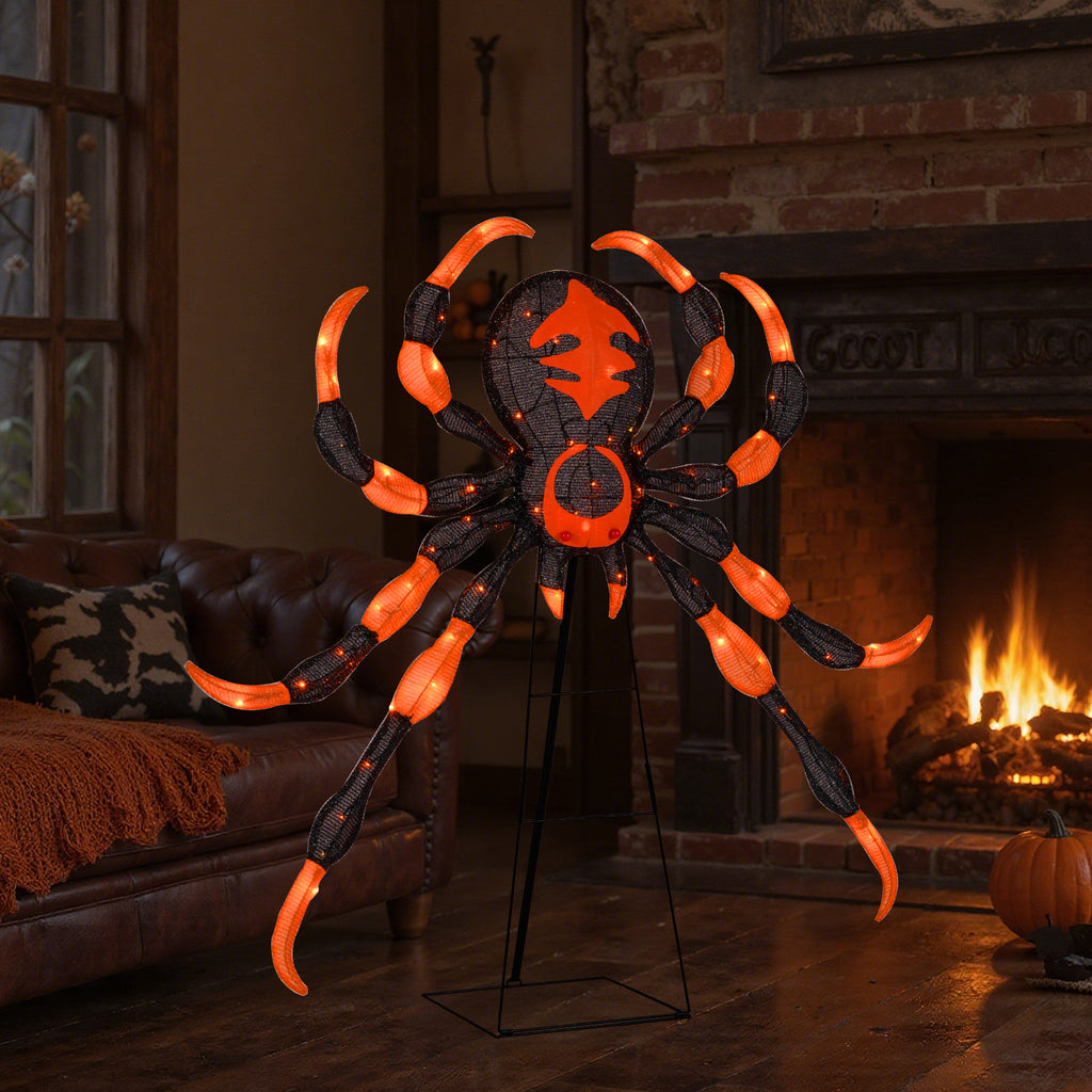 52 Inch Halloween Spider Decoration with 16 Flickering Warm White LEDs - Weather-Resistant Outdoor Decor