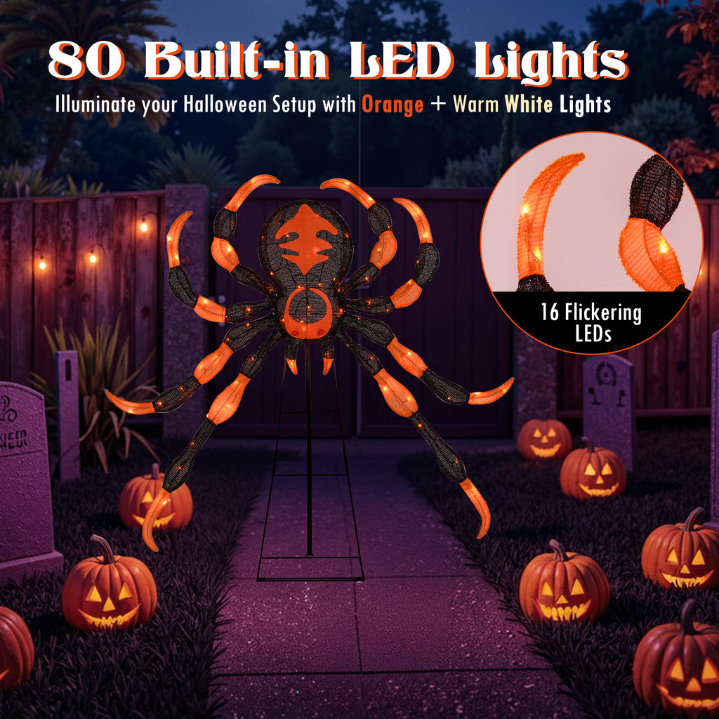 52 Inch Halloween Spider Decoration with 16 Flickering Warm White LEDs - Weather-Resistant Outdoor Decor
