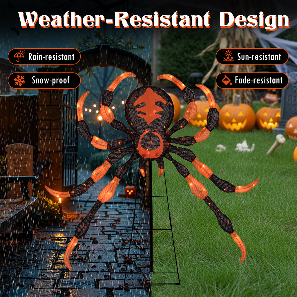 52 Inch Halloween Spider Decoration with 16 Flickering Warm White LEDs - Weather-Resistant Outdoor Decor