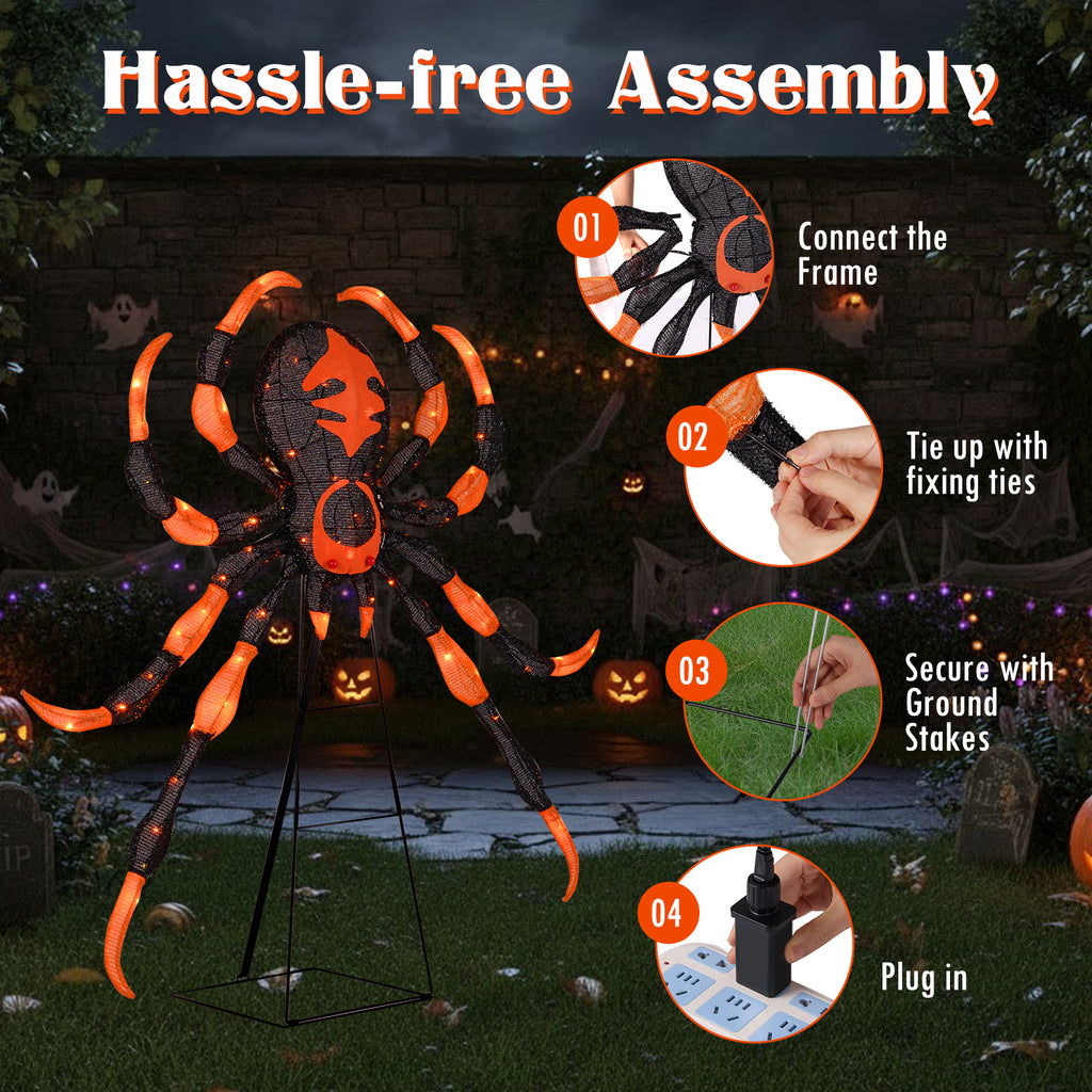 52 Inch Halloween Spider Decoration with 16 Flickering Warm White LEDs - Weather-Resistant Outdoor Decor