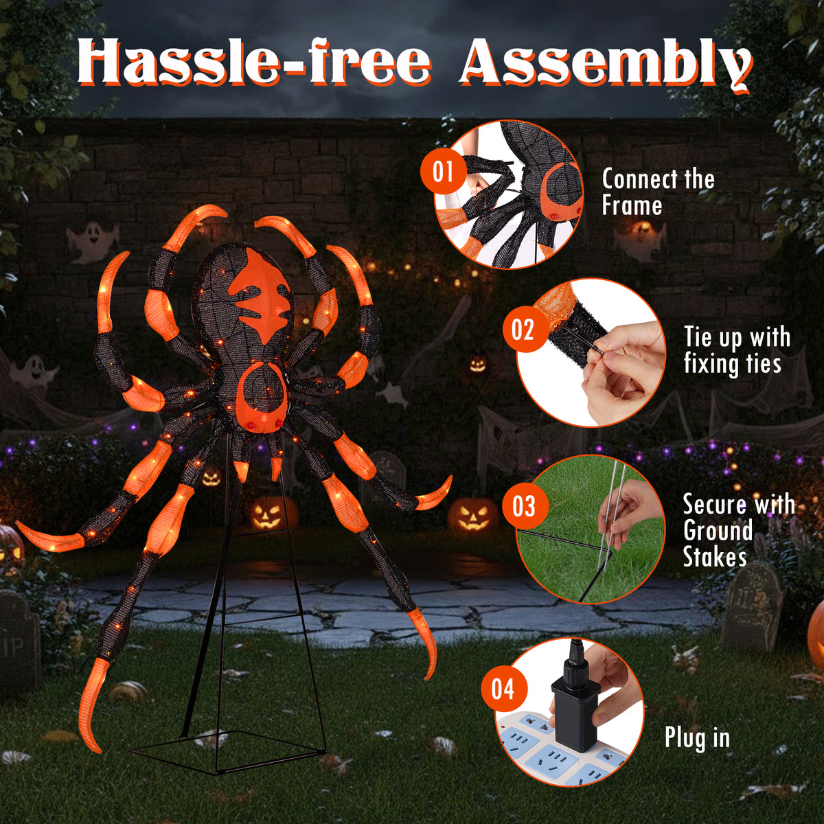 52 Inch Halloween Spider Decoration with 16 Flickering Warm White LEDs - Weather-Resistant Outdoor Decor