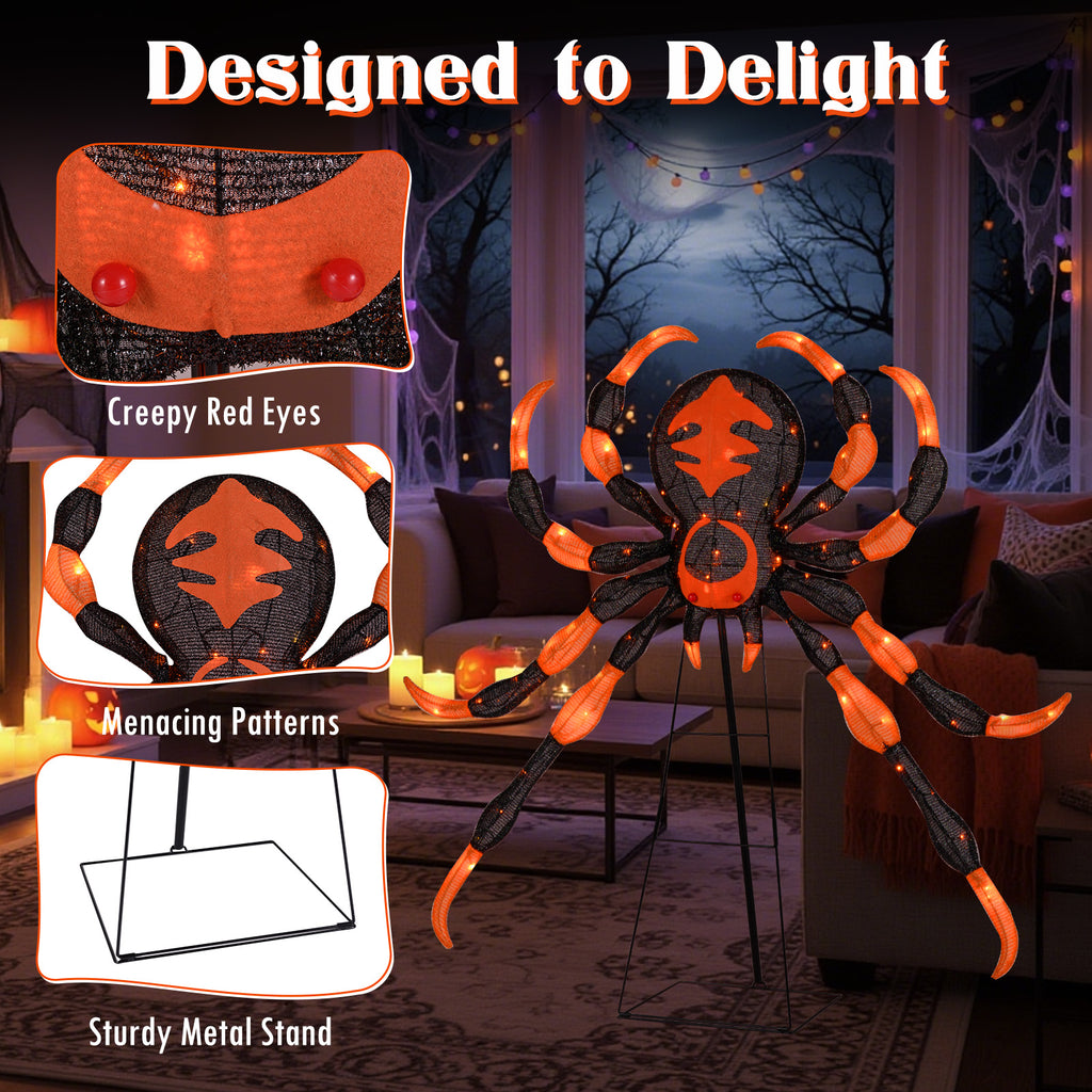 52 Inch Halloween Spider Decoration with 16 Flickering Warm White LEDs - Weather-Resistant Outdoor Decor
