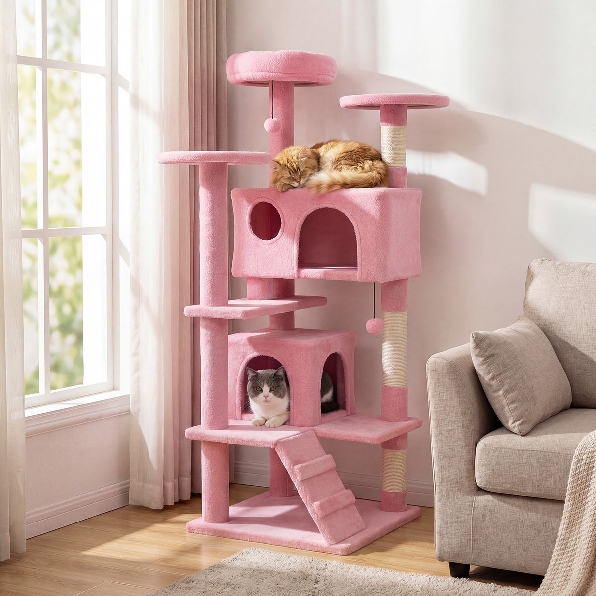 42 Inch Tall Cat Tree Tower with Perches & Hideouts - Light Gray