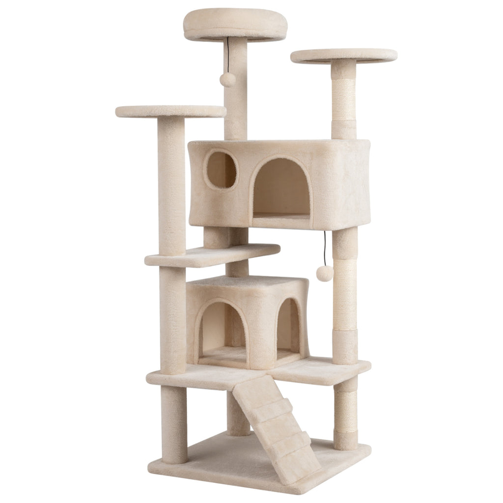 52 Inch Tall Cat Tree Tower with Perches and Hideouts - Beige Variation