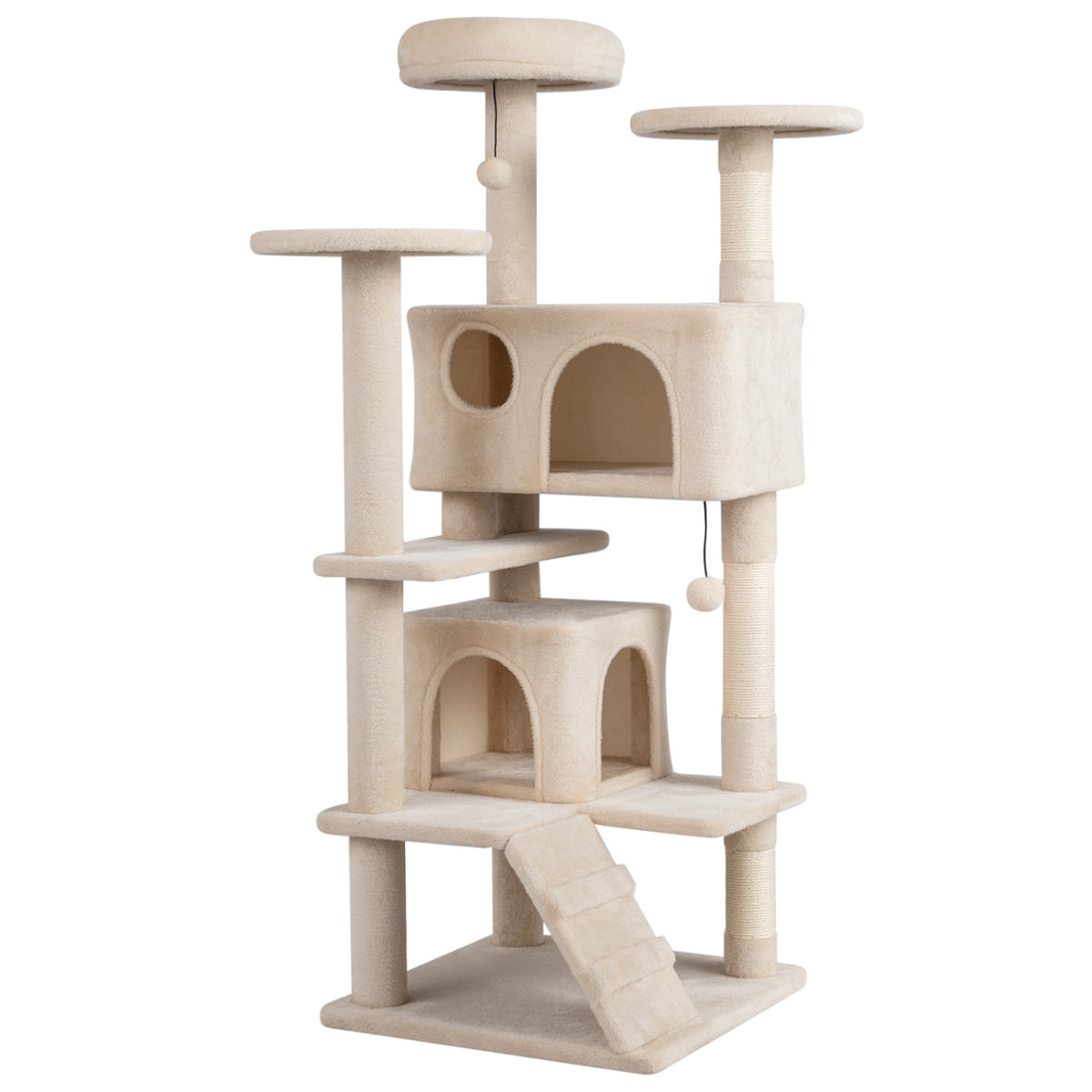52 Inch Tall Cat Tree Tower with Perches and Hideouts - Beige Variation