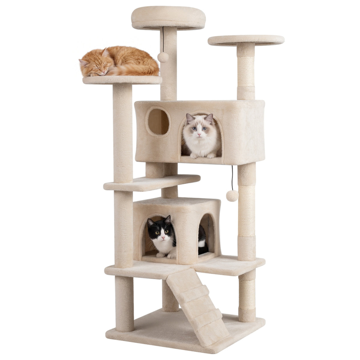 52 Inch Tall Cat Tree Tower with Perches and Hideouts - Beige Variation