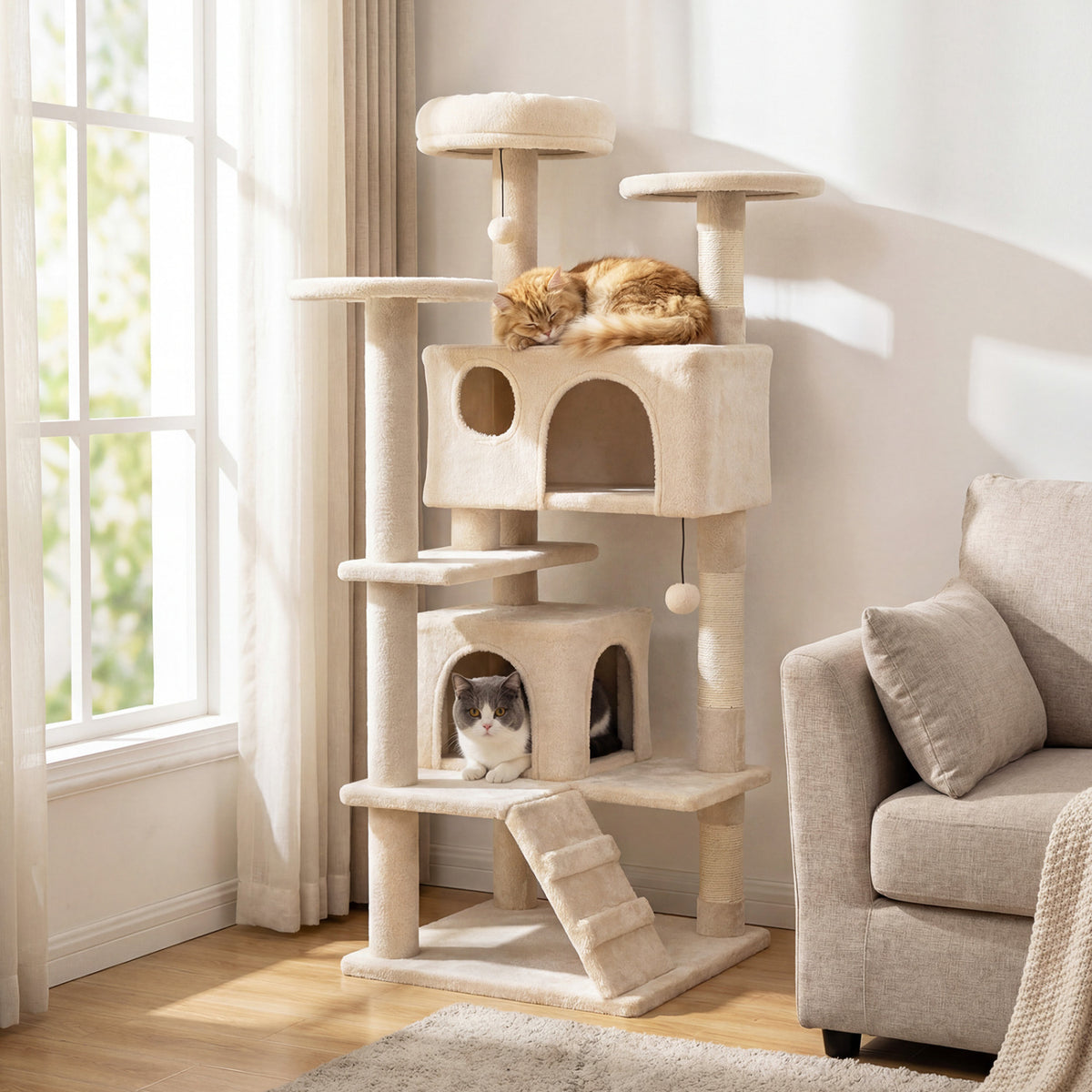 52 Inch Tall Cat Tree Tower with Perches and Hideouts - Beige Variation
