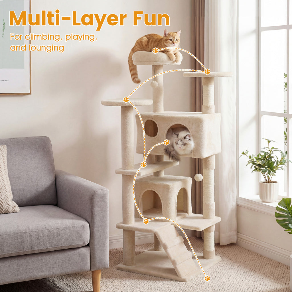 52 Inch Tall Cat Tree Tower with Perches and Hideouts - Beige Variation