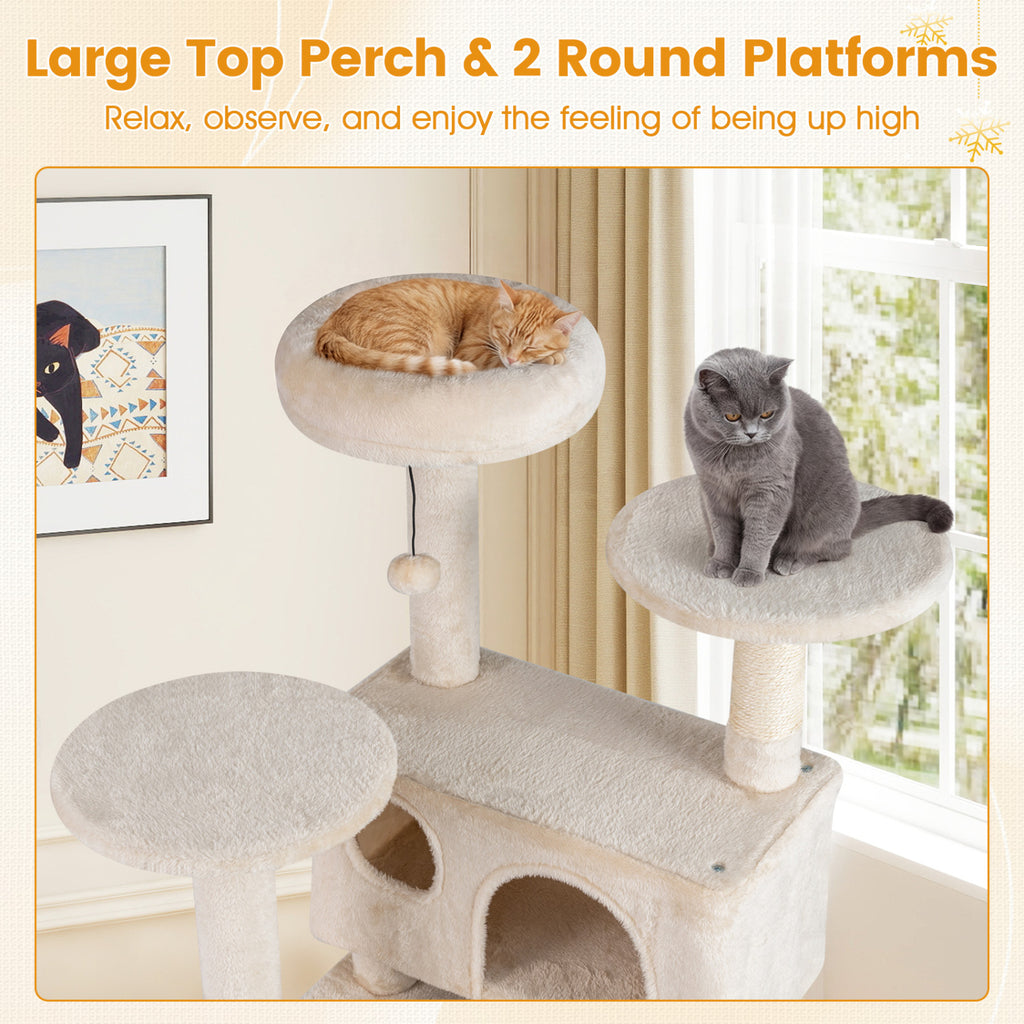52 Inch Tall Cat Tree Tower with Perches and Hideouts - Beige Variation
