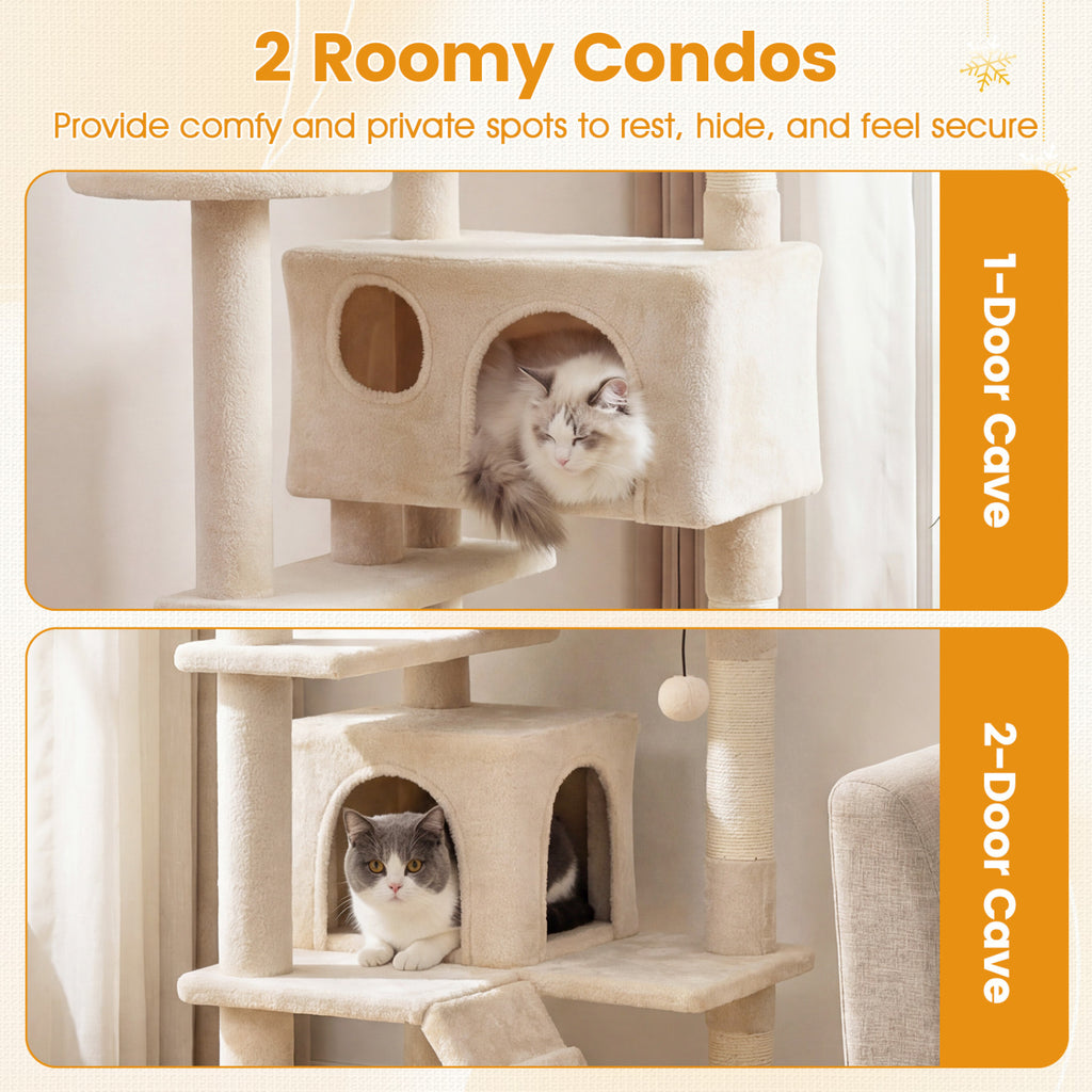 52 Inch Tall Cat Tree Tower with Perches and Hideouts - Beige Variation