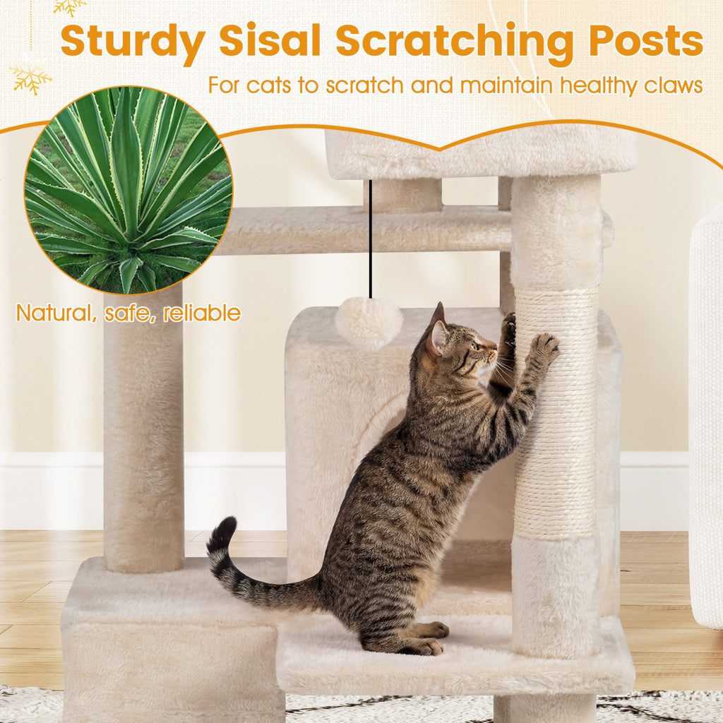 52 Inch Tall Cat Tree Tower with Perches and Hideouts - Beige Variation