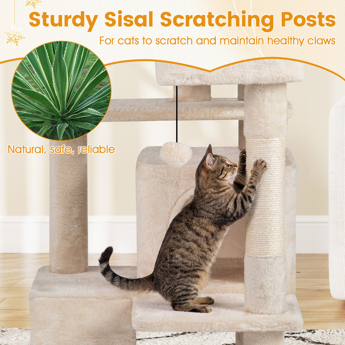 52 Inch Tall Cat Tree Tower with Perches and Hideouts - Beige Variation